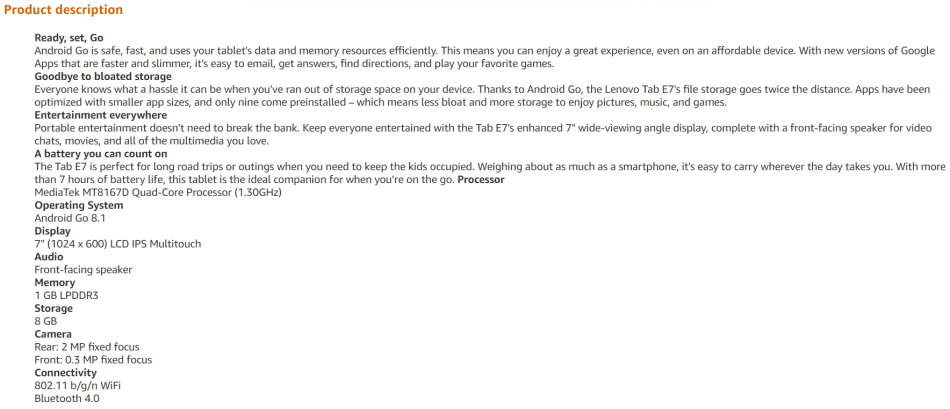 Lenovo Tab E7-7" Android Tablet - Slate Black - SEALED