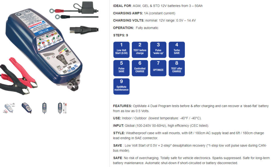 OptiMate 4 - Sealed Microprocessor Desulphating Battery Charger Maintainer Tester 12V