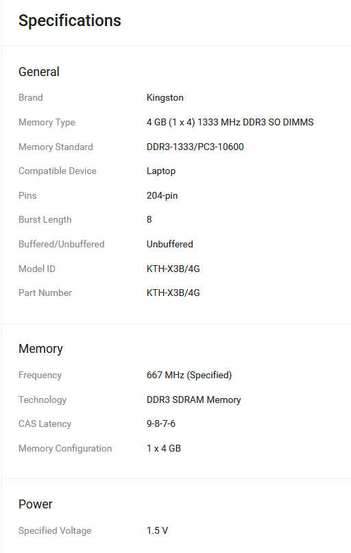Kingston DDR3 4GB (1 x 4 GB) Laptop RAM (KTH-X3B/4G)
