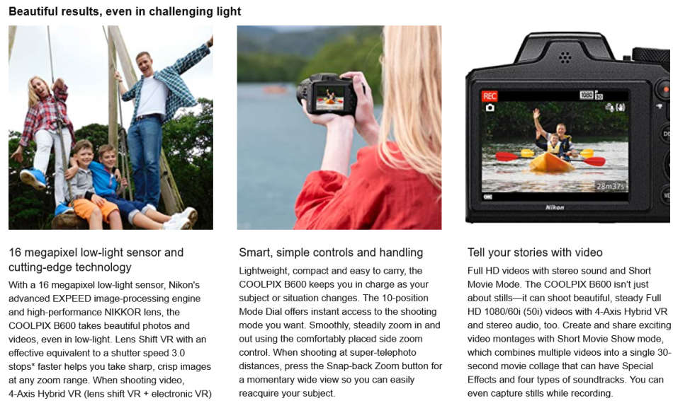 Nikon Coolpix B600 Digital Camera - 24-1440mm (35mm Equivalent) - Super ED 60x Optical Zoom Lens