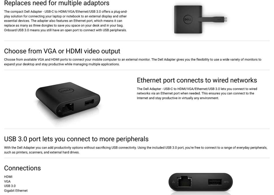 Dell DA200 Adapter USB Type-C to HDMI/VGA/Ethernet/USB 3.0