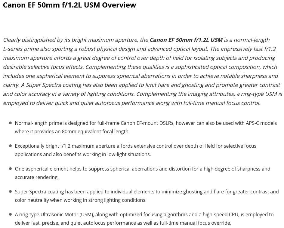 Canon EF 50mm f/1.2 L USM Ultrasonic Lens for Canon DSLR Cameras - Top of the Range