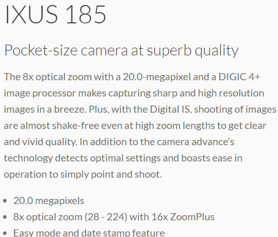 Canon IXUS 185 Digital Camera - (20 MP, 8x Optical Zoom) 2.3inch CCD sensor