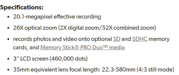 Sony Cybershot DSC-H200 Black 20.1MP 26X Optical SteadyShot image stabilization Digital Camera