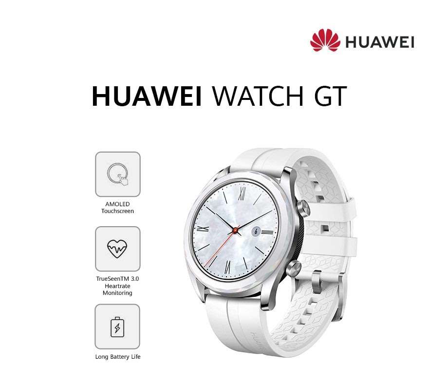 Huawei Watch GT (ELA-B19) Smart Watch 42mm BT Version, Water Proof, White Band Elegant Edition