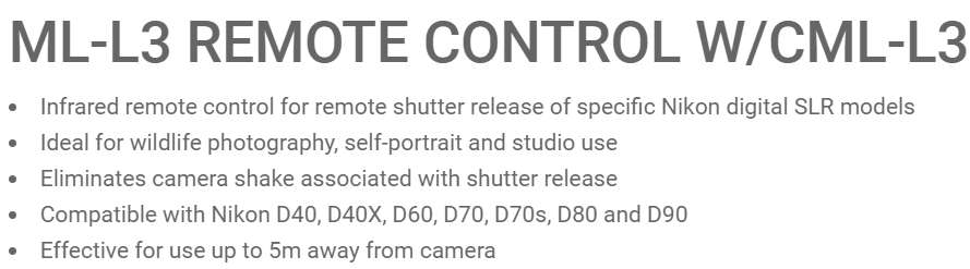 NIKON ML-L3 WIRELESS REMOTE CONTROL for Nikon DSLR Cameras