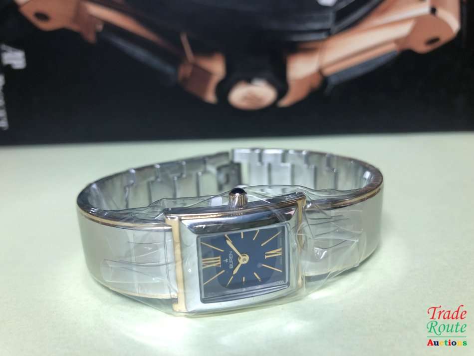 BUREN Two-Tone Stainless Steel Ladies Watch - Rectangular Dial / Blue Face / Gold Markers