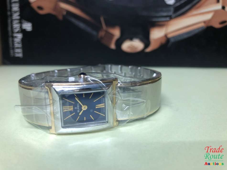 BUREN Two-Tone Stainless Steel Ladies Watch - Rectangular Dial / Blue Face / Gold Markers