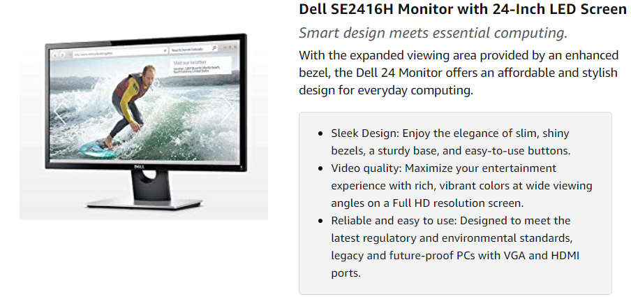 Dell SE2416H LED Monitor with 24" Screen, Black