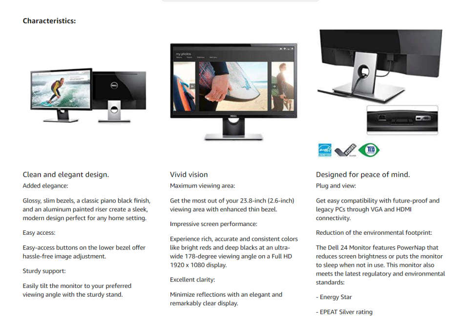 Dell SE2416H LED Monitor with 24" Screen, Black