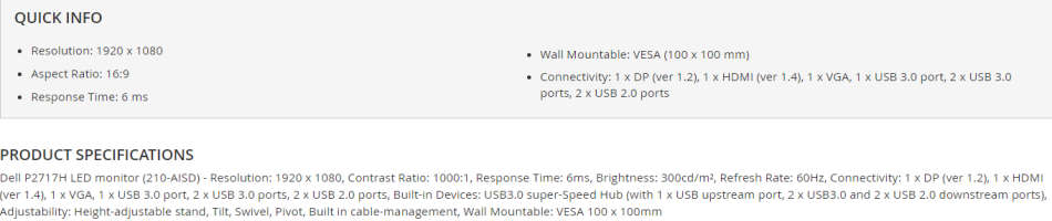 Dell P2717H 27-inch Full HD LED Monitor