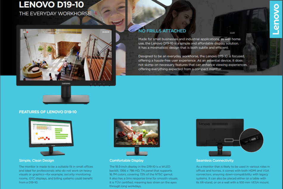 Lenovo D19-10 18.5 Inch HD WLED Backlight Monitor