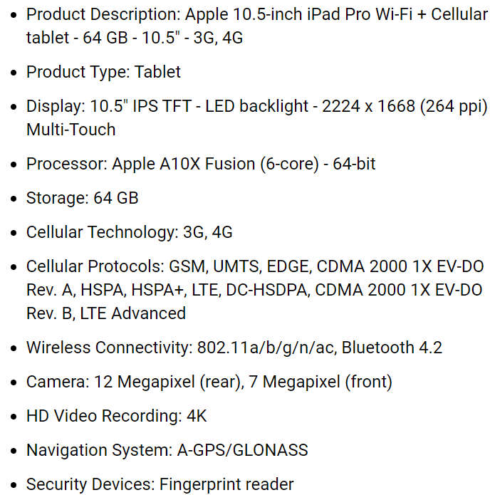 Apple iPad Pro 10.5 64GB Tablet Wi-Fi & 4G