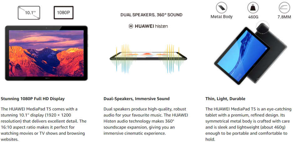 Huawei MediaPad T5 Tablet with 10.1" IPS FHD Display, Octa Core, Dual Harman Kardon-Tuned Speakers