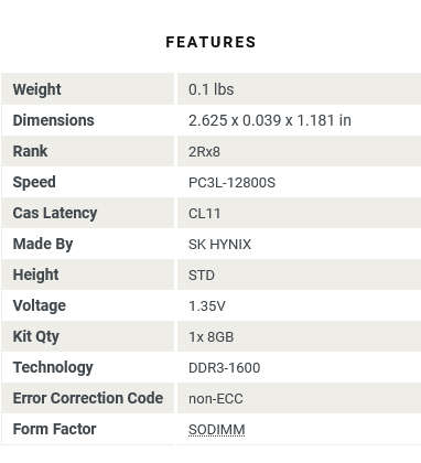 SK HYNIX 1x 8GB DDR3 RAM PC3L-12800S 1600Mhz LAPTOP RAM - HMT41GS6BFR8A