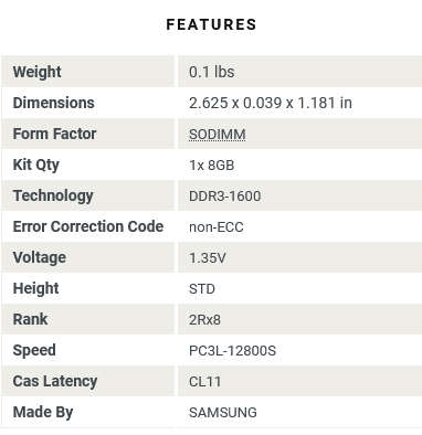 SAMSUNG 1x 8GB DDR3 RAM PC3L-12800S 1600Mhz LAPTOP RAM *** ONLY R 30 COURIER / SHIPPING ***