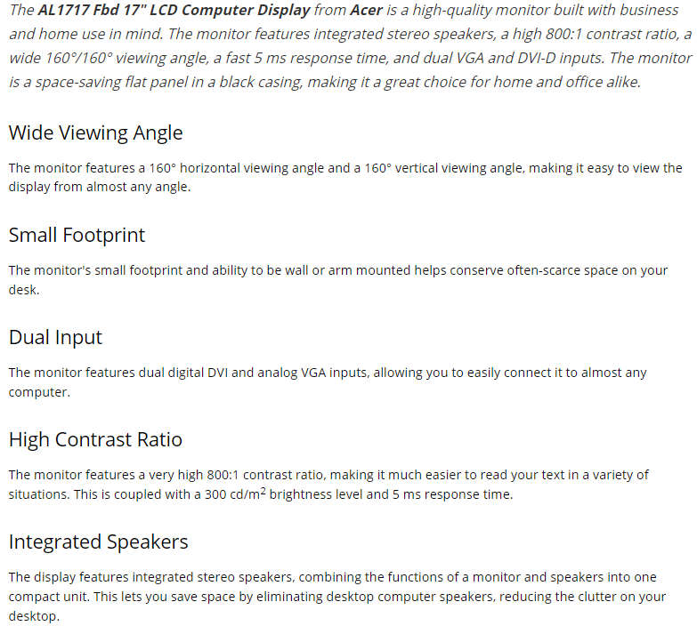 Acer AL1717 Fbd 17` LCD Computer Display with Dual DVI/VGA Input and Integrated Speakers