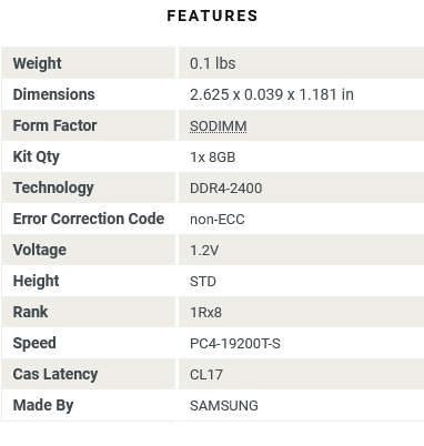 SAMSUNG M471A1K43CB1-CRC 8GB DDR4 PC4 2400T Memory Module Laptop RAM
