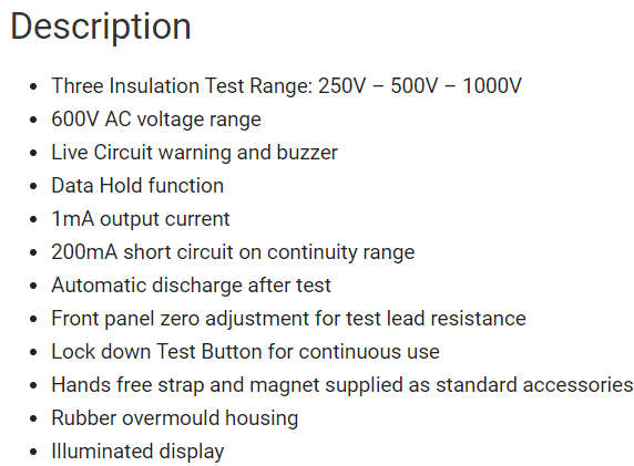MAJORTECH ANALOGUE INSULATION TESTER MT500