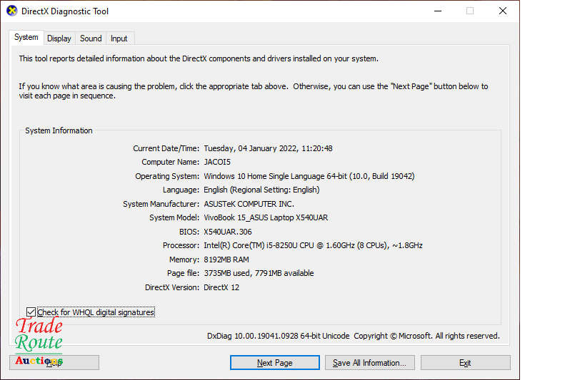 ASUS VIVOBOOK X540UA 15.6 INCH NOTEBOOK | CORE i5 8250U 8th Gen 1.8GHZ | 8GB RAM | 1TB HDD