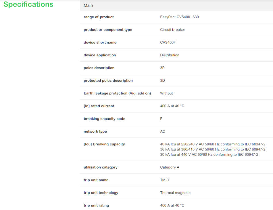 Schneider Easypact CVS400F Industrial Circuit Breaker 400A 36KA 3 Phase