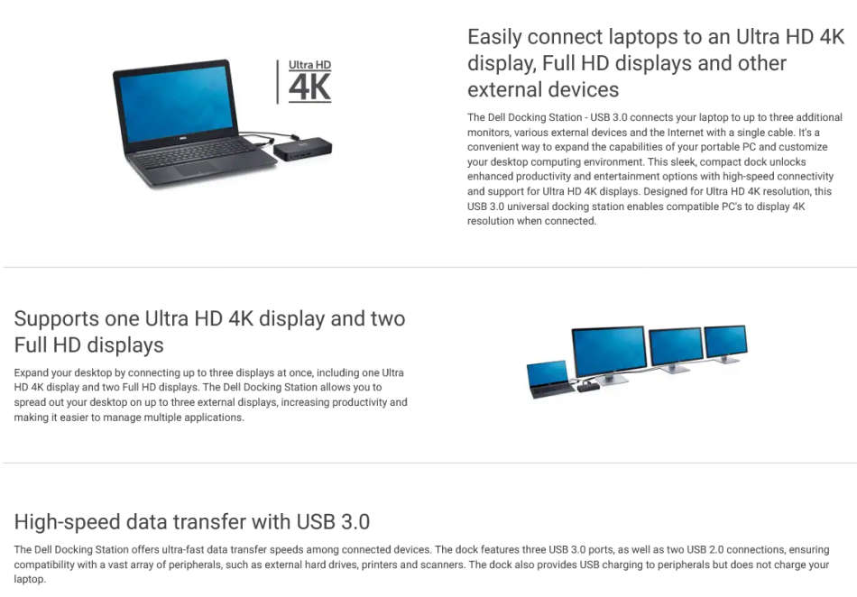 Dell D3100 USB 3.0 Ultra HD/4K Triple Display Docking Station , Black + 45W DELL Charger