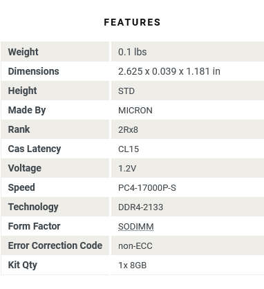 8GB LAPTOP RAM MEMORY MODULE - MICRON 8GB DDR4 2133MHZ PC4-17000 RAM MTA16ATF1G64HZ-2G1B1