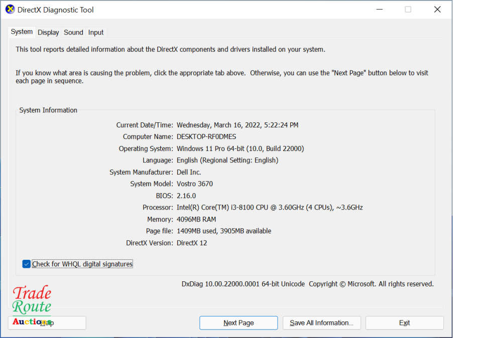Dell Vostro 3670 Tower Desktop PC Computer - Core i3 8100 3.6Ghz 8th Gen - 4GB RAM - 500GB HDD