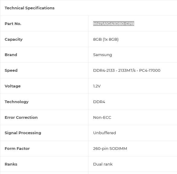Samsung 8GB (1x 8GB) DDR4-2133 1.2V 260-pin SODIMM RAM Module for Laptops [M471A1G43DB0-CPB]
