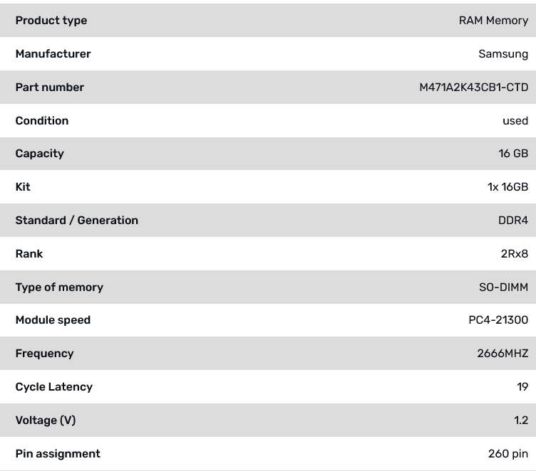 16GB DDR4 RAM for Laptops - Samsung [ M471A2K43CB1-CTD ] PC4-2666V