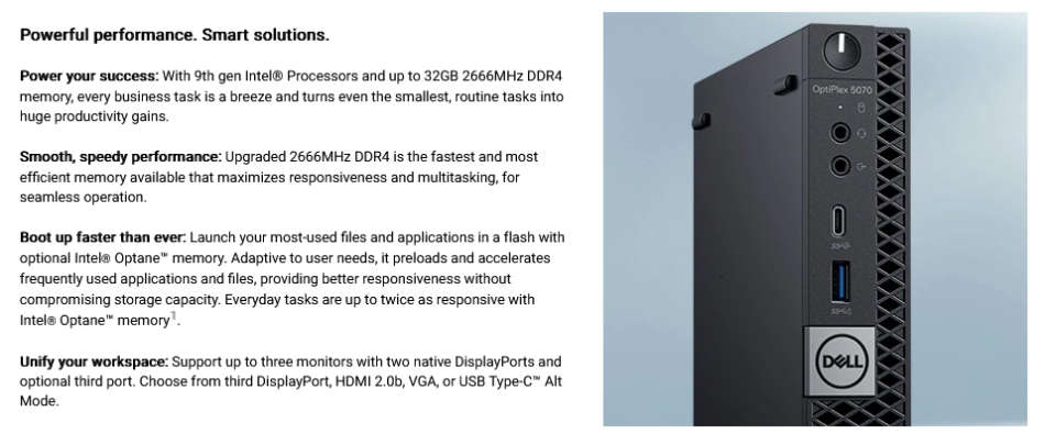 Dell OptiPlex 5070 Micro Desktop PC | Core i5 8500T 8th Gen 2.1Ghz | 8GB RAM | 256GB SSD