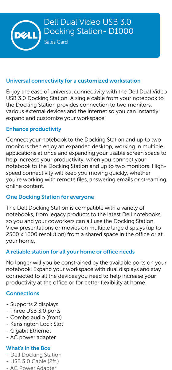 Dell Universal Dock D1000 USB 3.0 Full HD Dual Video Docking Station + Dell 65W Power Adapter