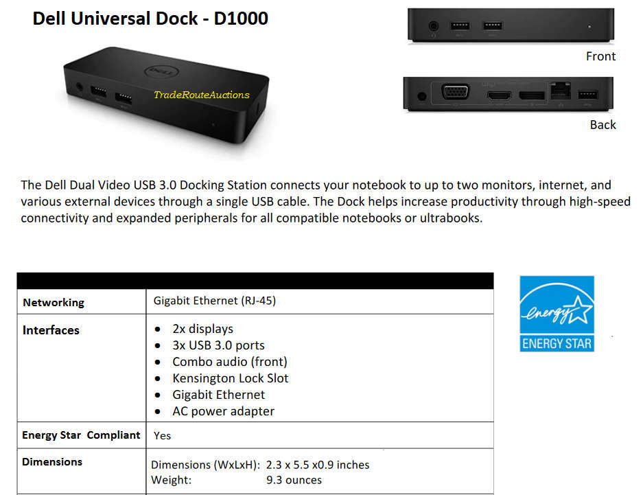 Dell Universal Dock D1000 USB 3.0 Full HD Dual Video Docking Station + Dell 65W Power Adapter