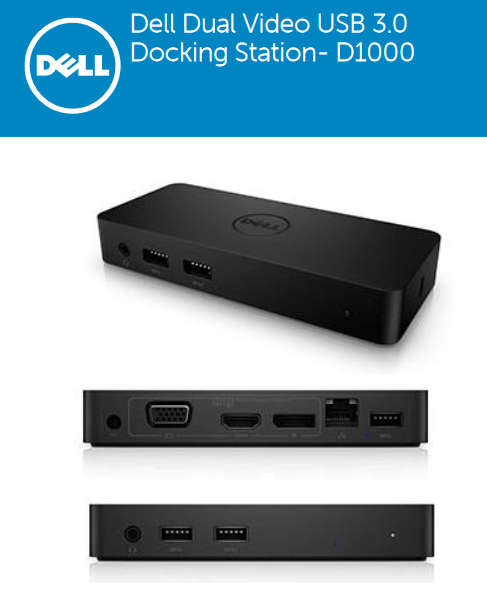 Dell Universal Dock D1000 USB 3.0 Full HD Dual Video Docking Station + Dell 65W Power Adapter