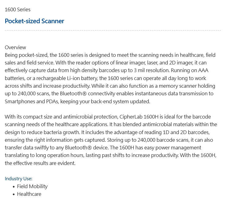 Barcode Scanner CipherLab A1662L 1662 Pocket-sized 1D Scanner, Bluetooth, iOS & Android Compatible