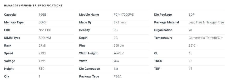 16GB RAM FOR LAPTOPS - SK Hynix 1x 16GB DDR4-2133 SODIMM PC4-17000P-S Module HMA82GS6MFR8N-TF