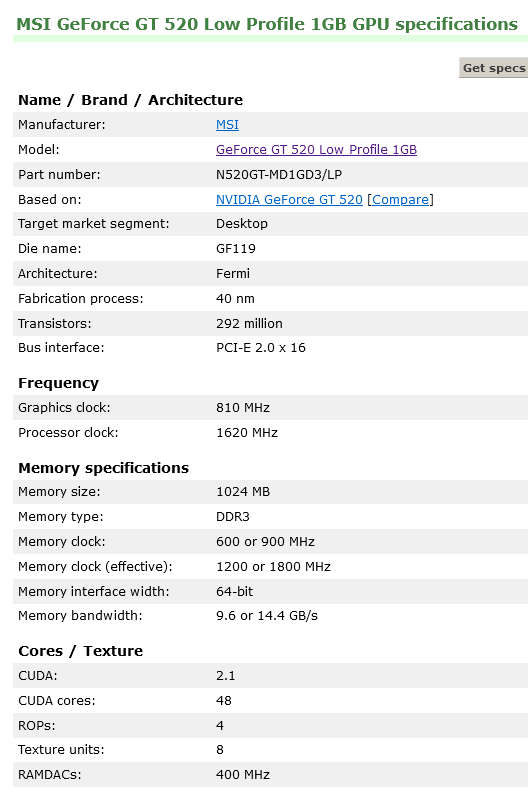 MSI GT 520 Graphics card 1 GB DDR3 DVI/HDMI Low Profile PCI-Express Video Card