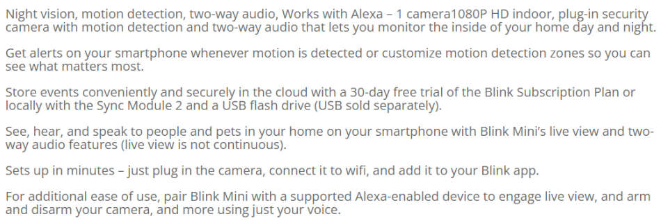 Amazon Blink Mini  Alexa Smart Compact indoor plug-in security camera, HD Video