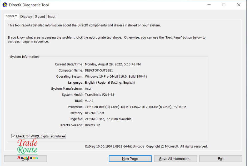 11th Gen | Acer Travelmate P215-53 15.6" Laptop | Core i5 11355g7 | 8GB RAM | 256GB SSD NVMe
