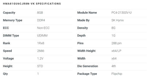 Hynix 8GB DDR4 RAM 2666MHz Desktop Memory HMA81GU6CJR8N-VK