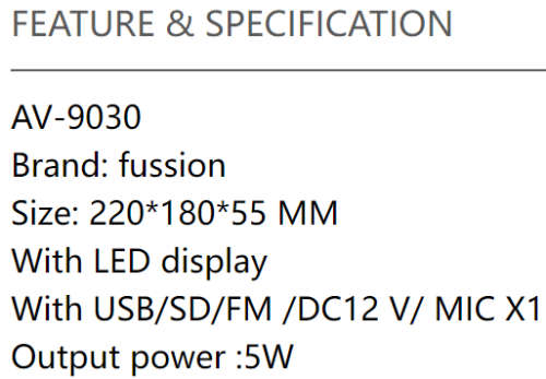 Fussion Digital Audio Amplifier - AV-9030 B FM RADIO - USB - SD CARD - 12V DC / 220V AC