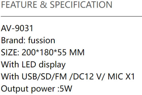 Fussion Digital Audio Amplifier - AV-9031 B FM RADIO - USB - SD CARD - 12V DC / 220V AC
