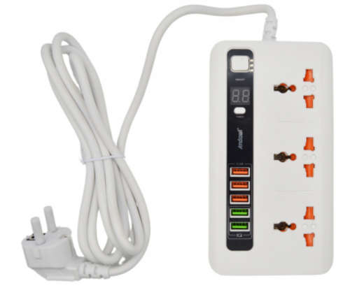 Multi-Function Power Adapter Extension Cord with 3 Power socket + 5 x USB Charger ports LED display
