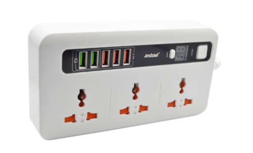 Multi-Function Power Adapter Extension Cord with 3 Power socket + 5 x USB Charger ports LED display