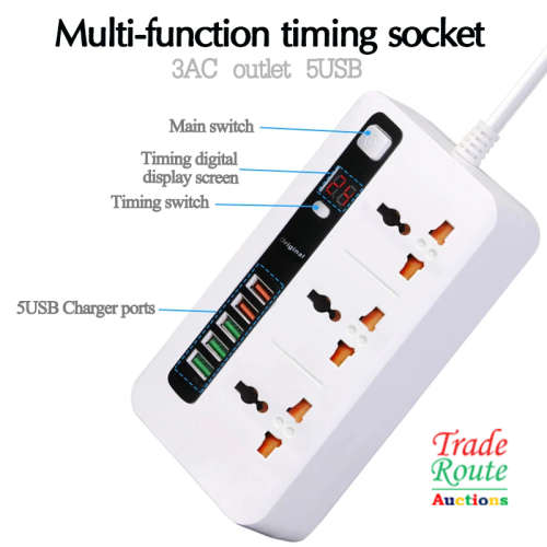 Multi-Function Power Adapter Extension Cord with 3 Power socket + 5 x USB Charger ports LED display