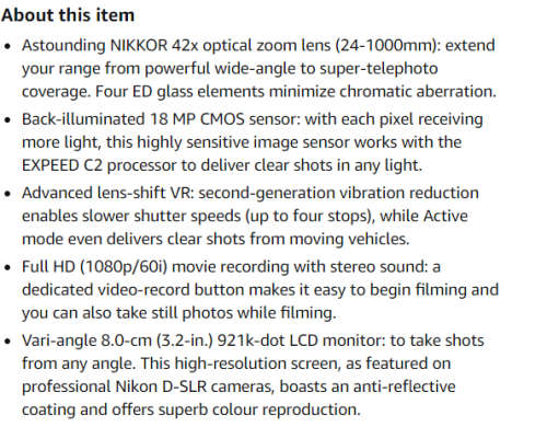 Nikon Coolpix P520 Camera - Black (18.1MP, 42xZoom, 24mm Wide Lens) 3.2 inch LCD Digital Camera