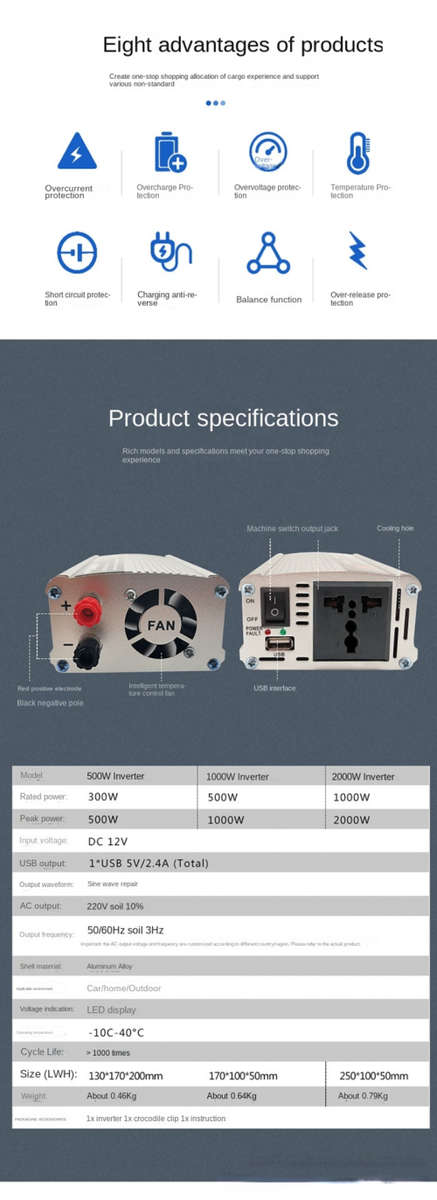 2000W Peak Power 12V Inverter Modified Sinewave 2000 Watts 12v DC to 220v AC Inverter