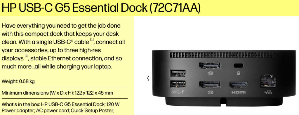HP USB-C G5 Essential Docking Station 8-in-1 Adapter for USB-C Thunderbolt-Enabled Laptops PCs