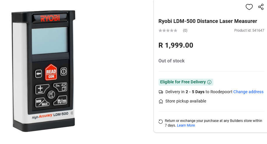 Ryobi LDM-500 Laser Distance Measure 0,1 TO  50m *** R 1999 value ***