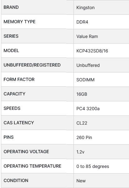 Kingston 16GB DDR4 RAM Laptop Memory 3200Mhz KCP432SD8/16
